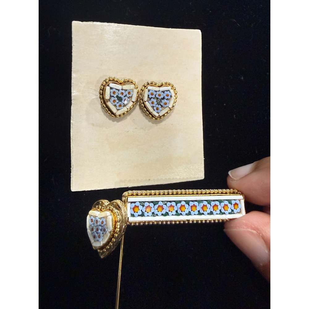 Vintage Italian Micro Mosaic Heart Floral Jewelry Set‎ Brooch Earrings Stick Pin